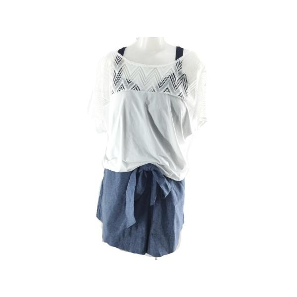 レディース水着 4点セット レース切替 Tシャツ付 ビスチェ 体型カバー 大きいサイズ 8L 幾何学風柄  ホワイト