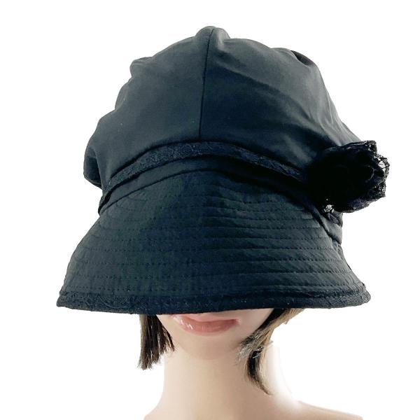 コサージュ付き クロッシェ帽子 頭囲56〜60cm ブラック 送料250円