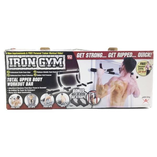 手軽に筋肉トレーニングができるアイアン・ジムです。ジムに行かなくても自宅でトレーニングできます！特別な工事は不要。ドアの上の桟にひっかけるだけで懸垂トレーニングができます。床において腹筋も！腕立て伏せ、腹筋、懸垂、二の腕強化など４種類のトレ...