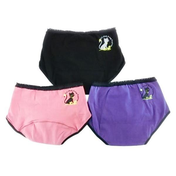 体になじみ履きやすい綿混ストレッチ素材にねこ柄ポイントアクセントのキュートなサニタリー♪使いやすいカラーの３枚組セット 昼用・夜用(夜のみ深履き)セット２重構造で安心仕様（羽ナプキン対応）色：ブラック・ピンク・パープルピンク/昼用　黒・パー...