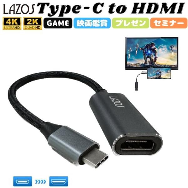 Lazos L-CTH1 Type-C to HDMI メス アダプター 変換ケーブル テレビ 液晶ディスプレイ ミラーリング 4K ビデオ対応 設定不要