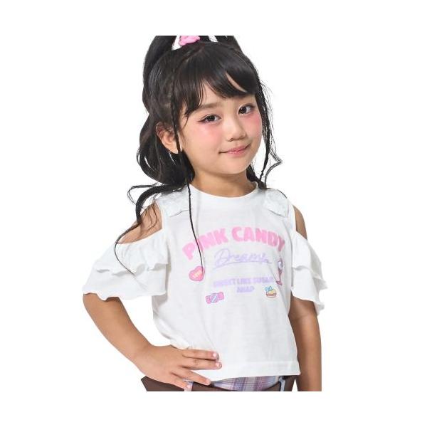 35%OFFセール ANAP KIDS（アナップキッズ ANAP KIDS） ぷっくりプリント 肩アキ フリル トップス 半袖Ｔシャツ ホワイト   メール便OK 26春夏