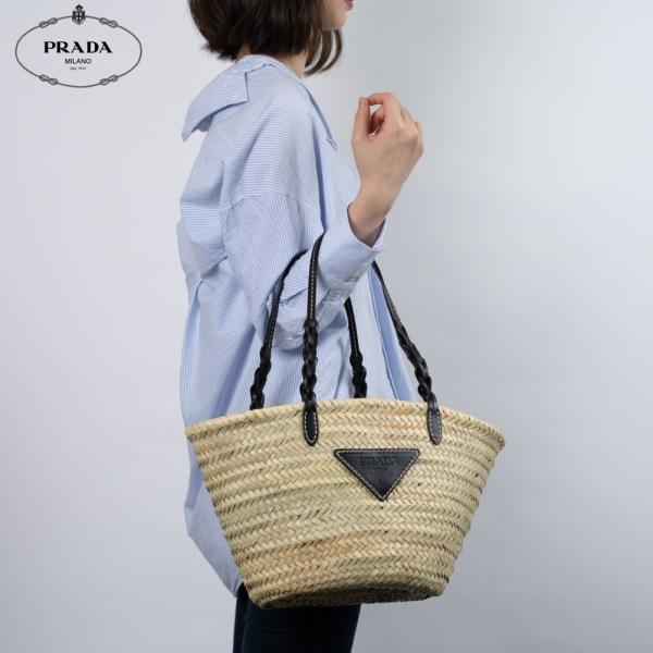 プラダ WOVEN PALM X LEATHER TOTE BAG レディース かご