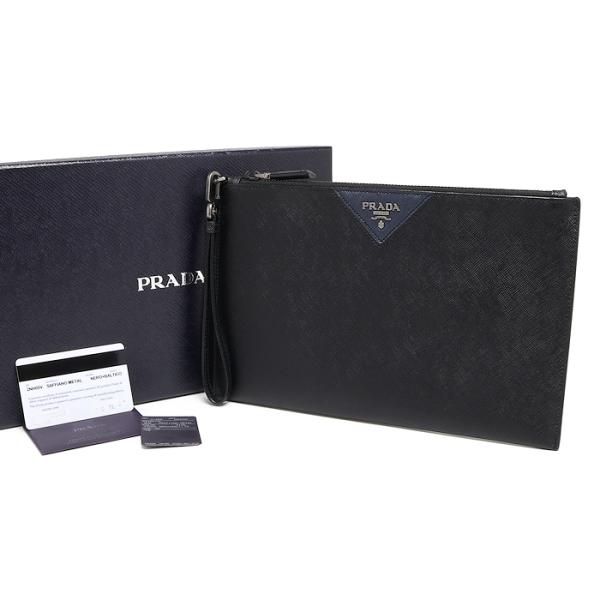 美品 プラダ サフィアーノメタル 2NH05V クラッチバッグ レザー NERO+BALTICO セカンドバッグ 直営店購入品 PRADA