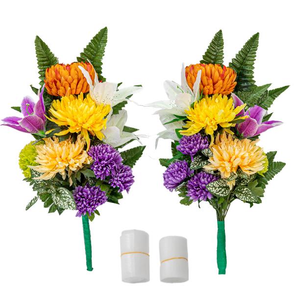 ユリと菊のお供え仏花、お盆花アレンジメント 仏花 造花 ユリとりんどうと小菊の花束一対 お仏壇 お墓用 CT
