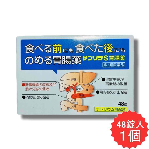 サンリラS胃腸薬 48錠 【第3類医薬品】 胃腸薬 ウルソデオキシコール もたれ 膨満感 吐き気 嘔吐 飲み過ぎ 食べ過ぎ 胃弱 食欲不振 消化不良 消化促進