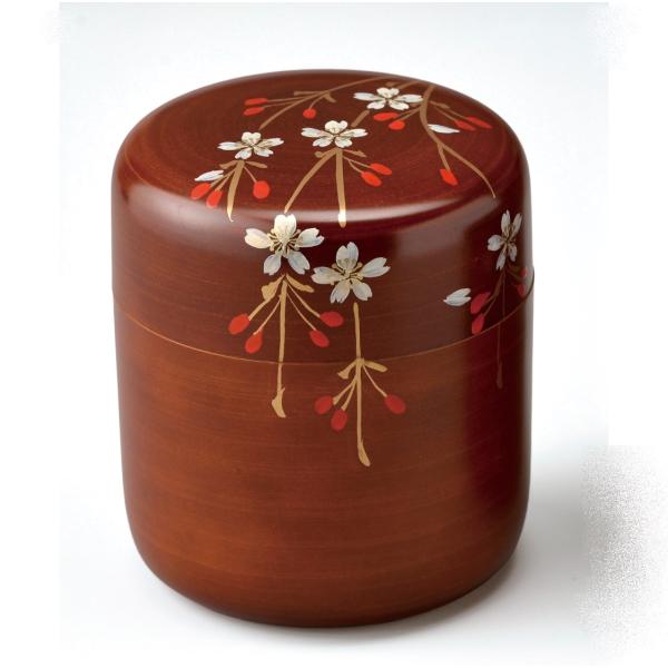 茶筒 栃塗 しだれ桜 手描き  会津漆器　伝統工芸品