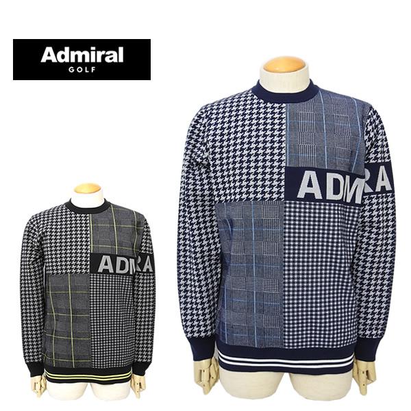 アドミラルゴルフ メンズ ニット クルーネック 保温 軽量 千鳥格子 チェック柄 ロゴ AdmiralGOLF ADMA489 24a セール SALE