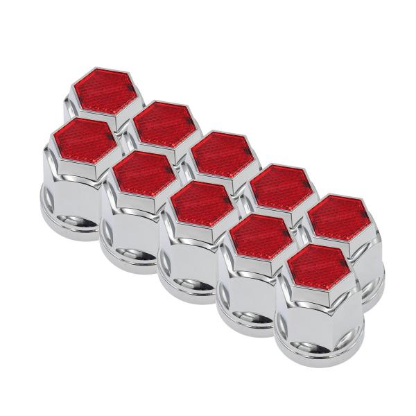 ●ナットへの固定にバネ式を採用しました。●新ISO規格大型車(10穴)用。●反射板付で足元に輝きを与えます。●フロント・リア兼用。●サイズ：33mm●色：レッド●規格：フロント・リア●仕様：10ヶ入●高さ：50mm●材質：プラスチック(メッ...