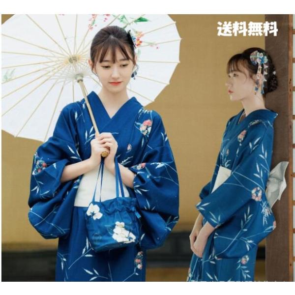 レディース浴衣セット 青系 花柄 帯 足袋 扇子 帯締め付き 16点 夏祭り 花火大会 イベント衣装