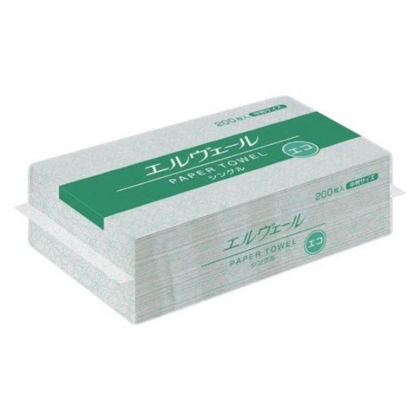 エルヴェール ペーパータオルエコ シングル 200枚（中判）◇古紙を使用した環境にやさしいペーパータオルです。◇一般的なレギュラーサイズ。【大王製紙株式会社】●材質：古紙●個装サイズ：７６×２２０×１１５mm●箱サイズ：４４６×６１０×２３...