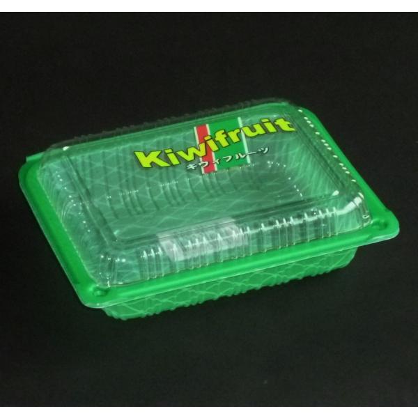 キウイフルーツ専用パック　商品名：キウイパック K5L　ボタン嵌合サイズ：外寸/170×136×34mm（フタ16mm）　内寸/154×120×34mm（フタ16mm）1枚重量：8g材質：OPS入数：100個用途：キウイフルーツLサイズ＝5...