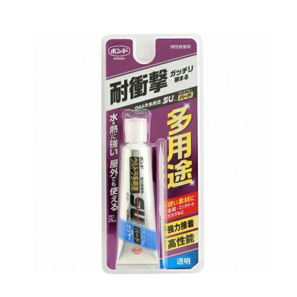●用途：屋内、屋外、凹凸面、水回りでの接着と補修に。（おもちゃ、バッグ、靴、家具、家電製品、手芸、工作）●特長：衝撃、水に強い。屋外でも使える。耐熱温度：−３０〜８０℃（当社試験データ）。●備考：ボンド ウルトラ多用途SUとは、独自開発した...