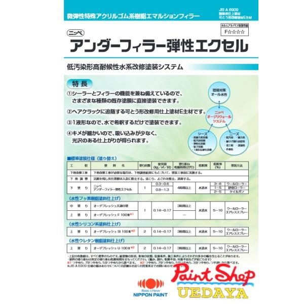 ・・・アンダーフィラー弾性エクセル　16Ｋｇ ・・・特長○シーラーとフィラーの機能を兼ね備えているので、さまざまな種類の既存塗膜に直接塗装できます。○ヘアクラックに追随する可とう形改修用仕上塗材Ｅ主材です。○１液形なので、水で希釈するだけで...