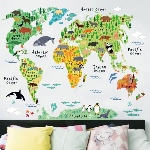 ウォールステッカー 世界地図 地図 動物 子供部屋 英字 ウォールシール 英文 壁紙 かわいい 子供 アジアン アルファベット 子供 海 シール シマウマ