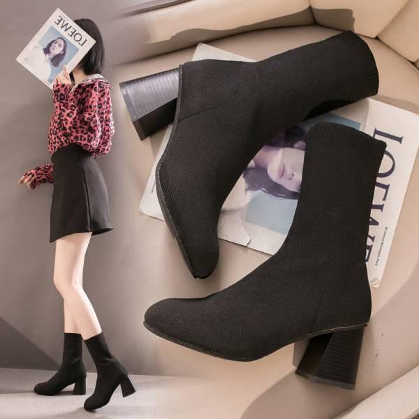 ポインテッドトゥ 大人可愛い ローヒール ソックスブーツ ショートブーツ 太めヒール ブラック ヒールqx18 Panda Ko 通販 Yahoo ショッピング