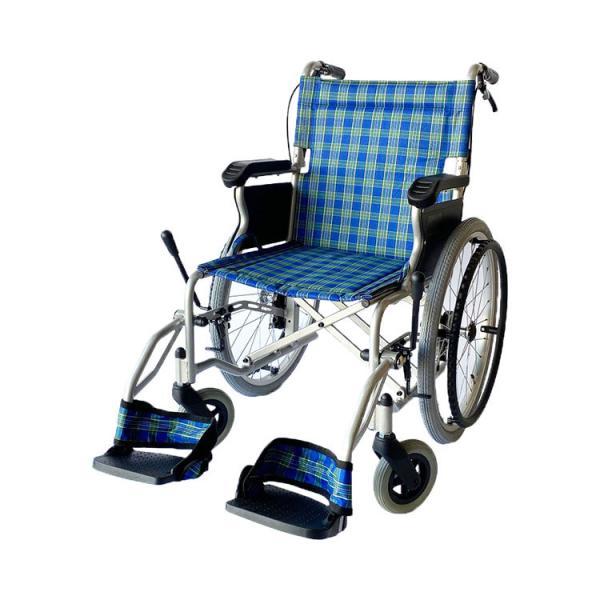 青とチェック柄 自走用車椅子 自走用車椅子 アルミ製 青チェック柄