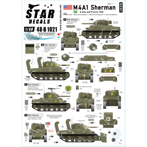 スターデカール 48-B1021 1/48 WWII アメリカ ノルマンディー上陸作戦/フランスのM4A1シャーマン戦車(1944年)