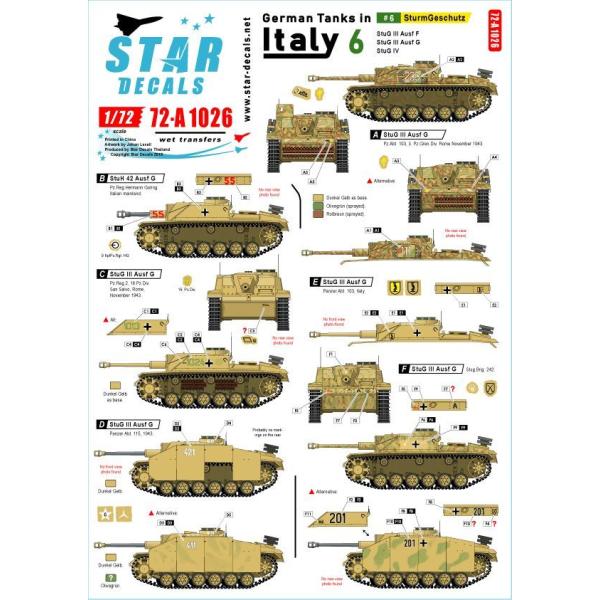 スターデカール 72-A1026 1/72 イタリア戦線のドイツ戦車＃6 III号突撃砲F/8型 III号突撃砲G型 IV号突撃砲(IV号戦車J型車体)