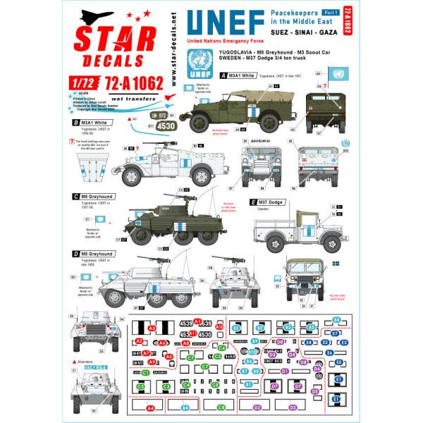 スターデカール 72-A1062 1/72 中東での平和維持軍.スエズ, シナイ、ガザ地区の国際連合緊急軍. ユーゴスラビアとスウェーデンの車両.