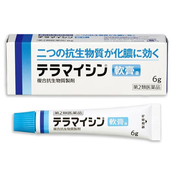 テラマイシン軟膏a 6g　【第2類医薬品】テラマイシン軟膏ａはグラム陰性桿菌(特に緑膿菌)に効果のあるポリミキシンB硫酸塩とグラム陽性菌及び陰性菌などに広い抗菌力を示すオキシテトラサイクリン塩酸塩の2つの抗生物質を配合しています。●効果・効...