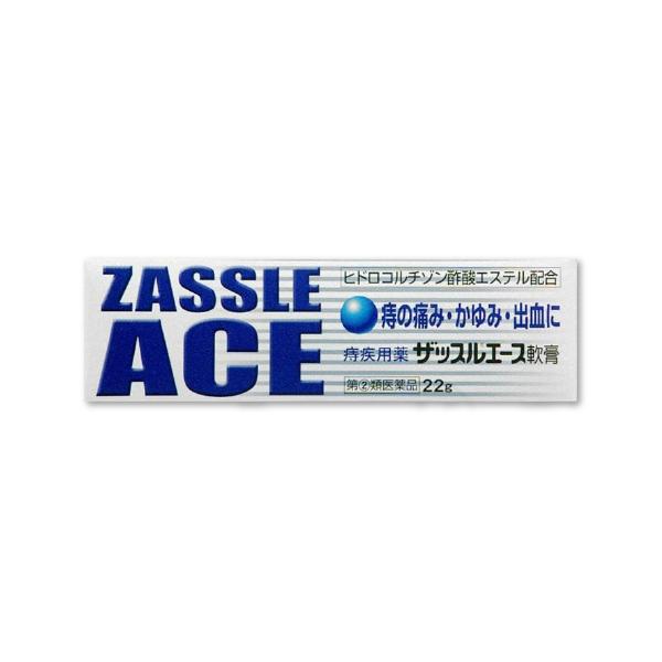 ザッスルエース軟膏 22g　【指定第2類医薬品】商品紹介●痔疾患は，静脈のうっ血が原因となって，炎症，痛み，かゆみ，出血を引き起こし，さらに肛門部の抵抗力が低下すると，腸内細菌や化膿菌等の感染によって症状が悪化して，複雑な痔となってしまいま...