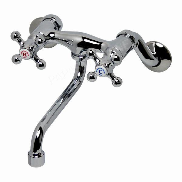 完売】おしゃれ ダブルクロス 壁付混合栓 クロスハンドル（下付き吐水