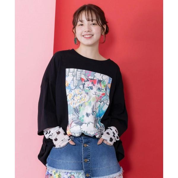Scolar 161634：画家スカラーちゃんネコ柄チュール切替チュニック ScoLar（スカラー） チュニック SALE ScoLar 161634 画家スカラー