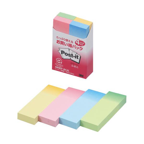 他サイト： 付箋 スリーエム ジャパン ポストイット再生紙　グラデーション　７５×２５ｍｍ　１００×４　４色 500RP-BGKの商品画像
