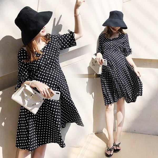 マタニティワンピース 妊娠 ひざ丈ワンピ 春夏 半袖 大きいサイズ 産前産後対応 マタニティウエア レディース 妊婦服 ドット柄 体型カバー ゆったり おしゃれ Creyman Com