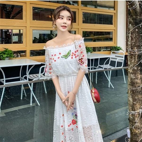ロング丈ワンピース オフショルダー マタニティウエア 半袖 春夏 ゆったり マタニティ服 レディース リゾート カジュアル レースワンピ 刺繍 妊婦 エレガント Taiger De