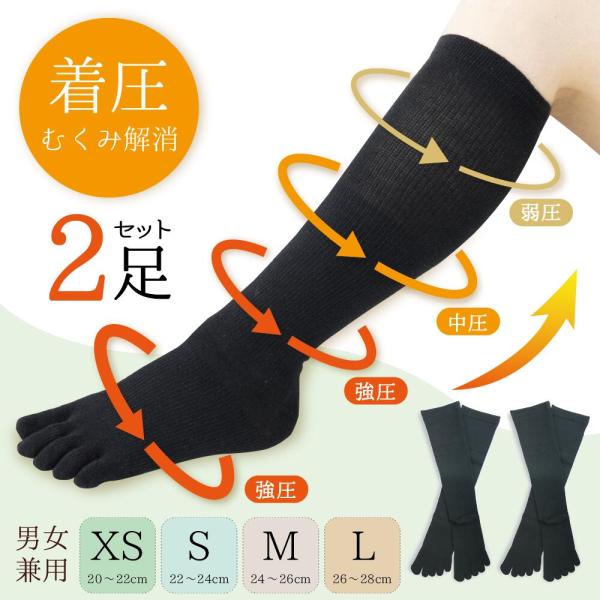 【2足組・送料無料】着圧5本指ハイソックス むくみ対策 XS L 男女兼用 立ち仕事 事務 日本製 膝丈 レディース メンズ 無地 黒 五本指靴下 ロング 8327 冷え対策