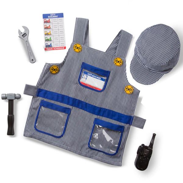 メーカー：Melissa and Doug メリッサ＆ダグ対象年齢：3歳〜6歳サイズ：着丈：約53cm、1サイズ展開、子供フリーサイズセット内容：エプロン、帽子、おもちゃ（トランシーバー、ドライバー、ナット）トランシーバーから汽車音が流れま...