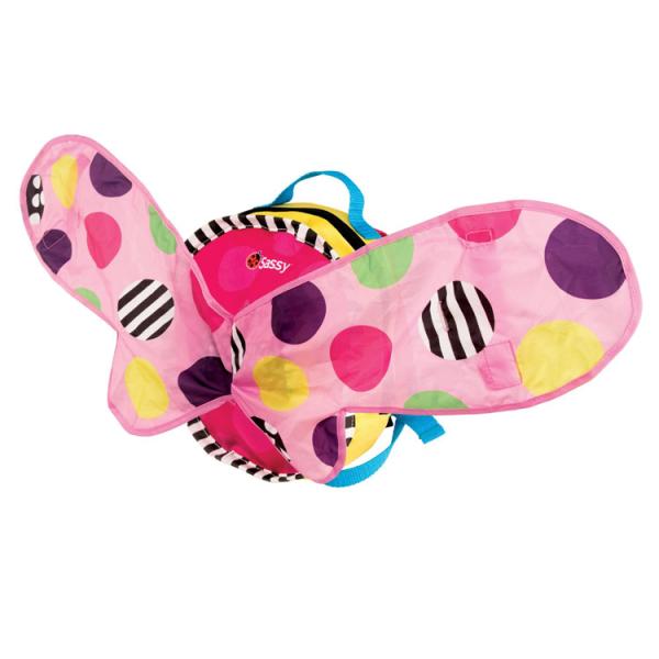 メーカー：Sassyサイズ：W20cm×L2cm×D3cm対象年齢：18ヶ月 〜 3歳頃まで(メーカー参照)仕様：ちょうちょになりきり　ハーネス付きリュックサック。ショルダー部分には、ずれ落ち防止のフロント留め具付き。親御さんと繋ぐハーネス...