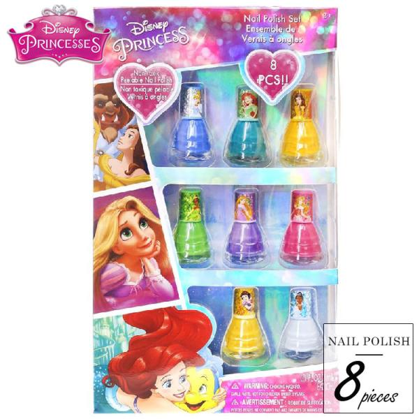 パッケージサイズ(約)：14.5×26×3 (cm)対象年齢：3歳から(メーカー参照)可愛いプリンセスたちのネイルポリッシュ8本セット！※乾くとはがせるタイプで、お水でも落とすことが出来ます。※お子様が誤飲等しないよう、必ず保護者の指導監督...