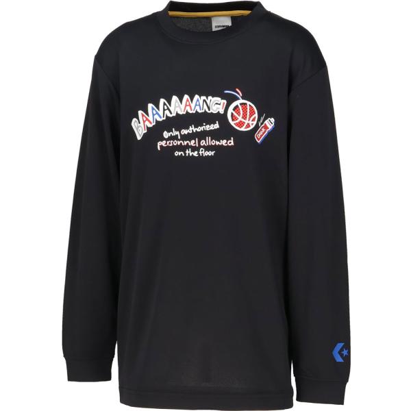 【商品名】Jr.プリントロングスリーブ ジュニア キッズ 子ども バスケットボール バスケ ミニバス 長袖Tシャツ ロングTシャツ ロンT トップス・コンバースのジュニアロンT。・ボールでボトルを倒すあの遊びをグラフィックに表現したデザイン...