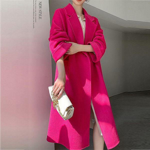 上品ロングコート ウール100% リバーコート ローズレッド ダブル