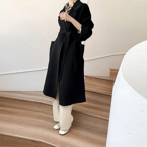 上品ロングコート ウール100% リバーコート ブラック ダブルフェイス