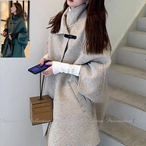 ゆったりハーフコート ひざ丈 ダッフルコート ラグラン袖ケープ