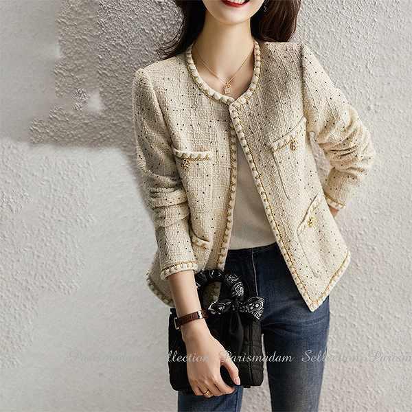 入学式◎イエナ　36 ノーカラーツィードジャケット　ゴールドラメ織フォーマル春 高級感ノーカラージャケット 大人上品シングルジャケット オフホワイト