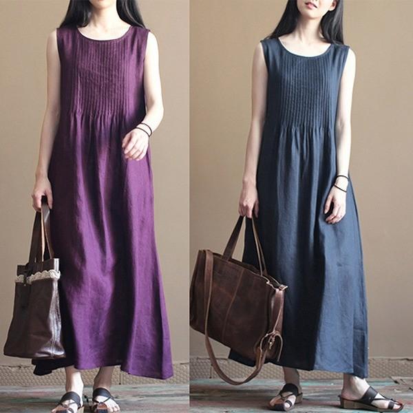 麻ロングワンピース 大人マキシ丈ワンピース ピンタック ノースリーブ ルーズ シンプル お出掛け パープル ネイビー 送料無料 Op 1604 16 パリスマダム 通販 Yahoo ショッピング
