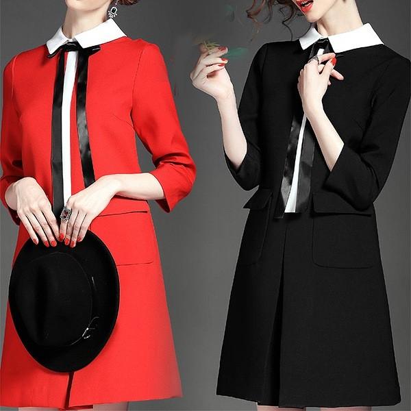 在庫セール レトロワンピース 膝丈 白襟 ７分袖 リボン ボックススカート 通勤 お出掛け 学校行事 Op 1609 パリスマダム 通販 Yahoo ショッピング