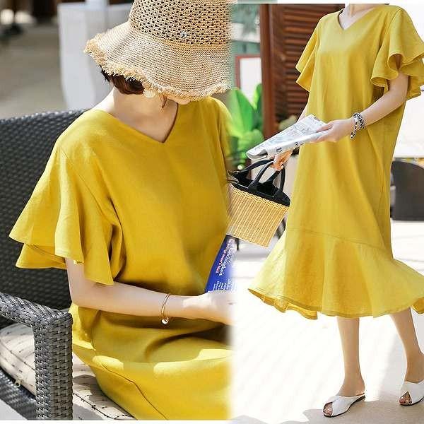 麻 リネン ローウエストワンピース 膝下丈 マスタード 切り替え フレア 半袖 ベルスリーブ Op 1806 15 パリスマダム 通販 Yahoo ショッピング