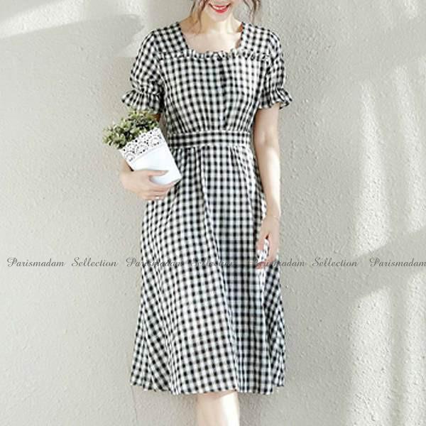 ギンガムチェックワンピース 千鳥格子 スクウエアネック 膝下丈 半そで パフスリーブ 小さいサイズ 大きいサイズ有り Op 1904 11 パリスマダム 通販 Yahoo ショッピング