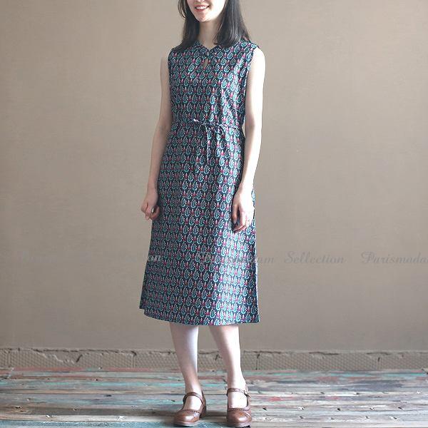 上質素材 上品プリントワンピース 大人ミモレ丈スカートワンピース コットン ノースリーブ 膝下丈 ブルー Op 1904 15 パリスマダム 通販 Yahoo ショッピング