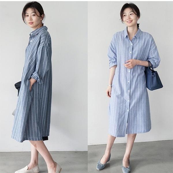 シャツワンピース 膝下丈 七部袖 ストライプ 水色 サックス グレー ゆったり 上品 通勤 女子会 S M L Xl Op 1906 10 パリスマダム 通販 Yahoo ショッピング