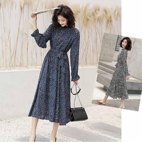 プリントワンピース ひざ下丈 長袖 お嬢様ワンピース リボン ドット柄 上品 大人 春夏秋冬 ほっそり効果大 送料無料 Op 06 14 パリスマダム 通販 Yahoo ショッピング