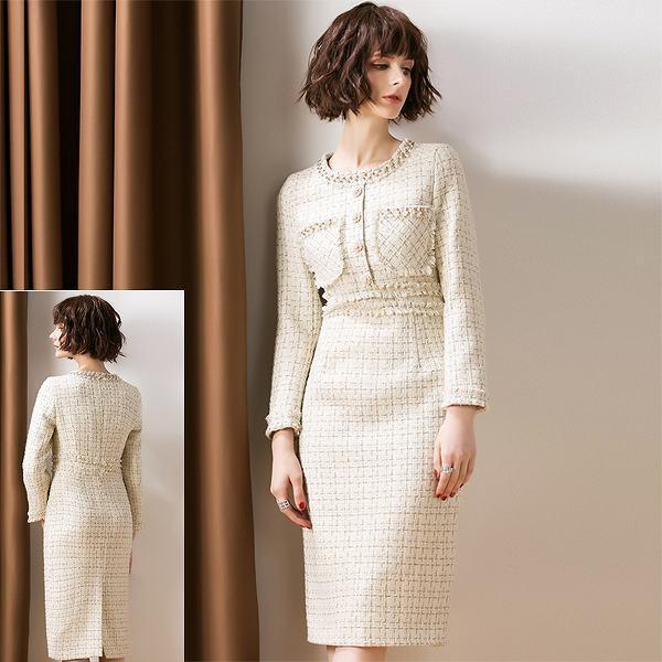 エレガンスツイードワンピース ひざ下丈 上品 長袖 タイトスタイル パーティー お出かけ 七五三 入学式 結婚式 送料無料 Op 12 1 パリスマダム 通販 Yahoo ショッピング