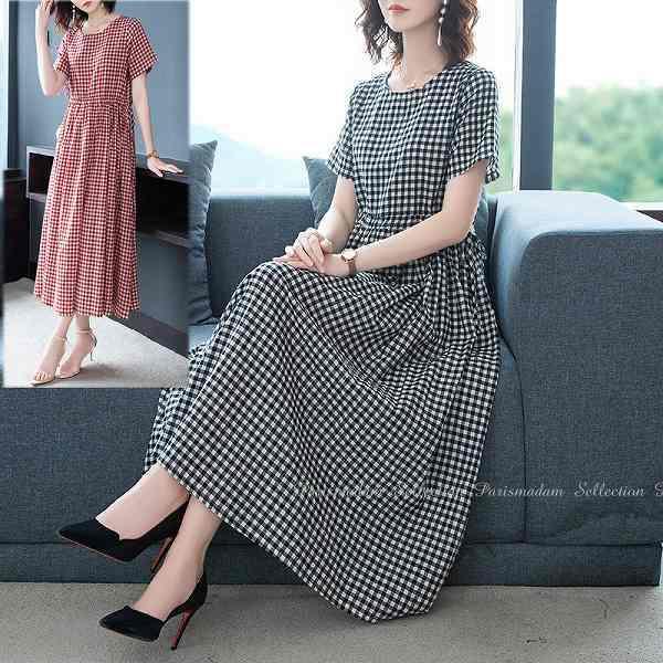 在庫セール>半袖コットンワンピース ギンガムチェック千鳥格子 ミモレ丈 大きいサイズ有りMからXXXL 女子会 ほっそり効果大 20代30代40代50代 ミセス :op-2204-15:パリスマダム 通販 大きいサイズ チェックワンピース