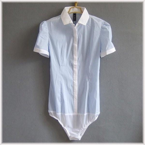 クロッチ付シャツ 半袖 白襟 ボディシャツ オフィス パフスリーブ ストライプ 通勤 ボディーブリファー ブラウス ブルー ゆうパケットで発送可 Tops 1705 1 パリスマダム 通販 Yahoo ショッピング